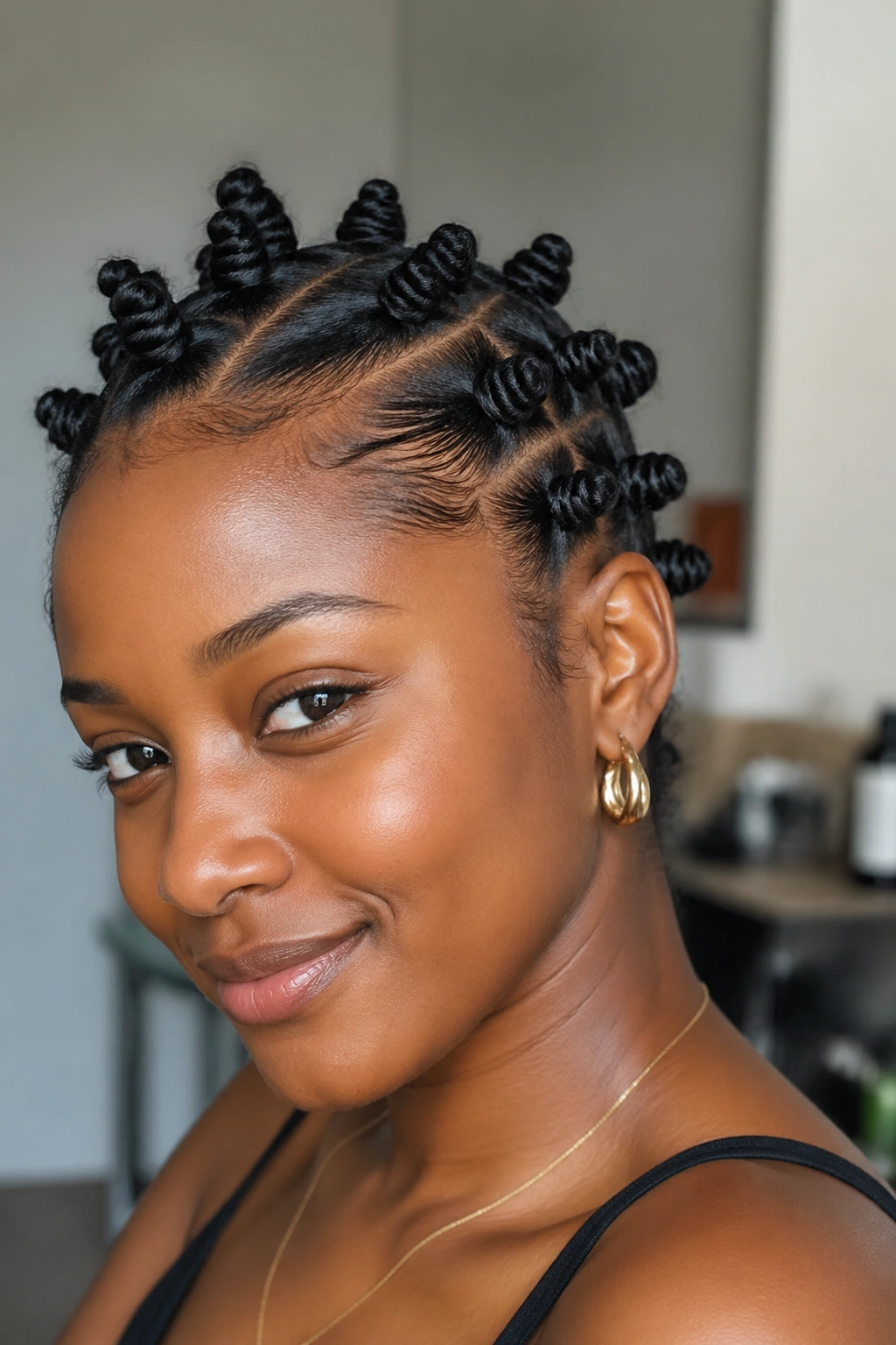 Real woman with an asymmetrical diagonal part and Bantu knots