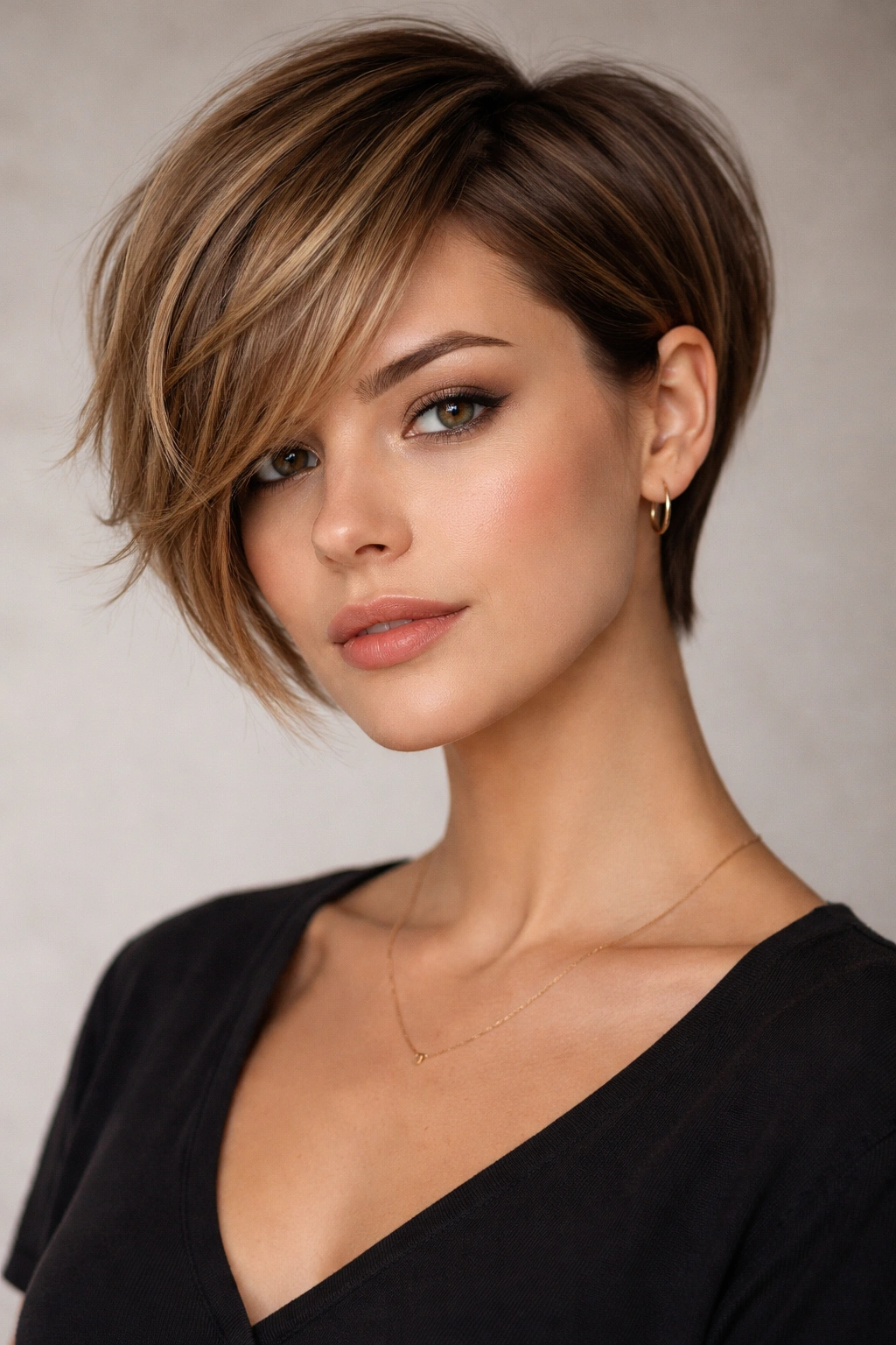 Asymmetrical pixie bob with uneven lengths creating a modern line