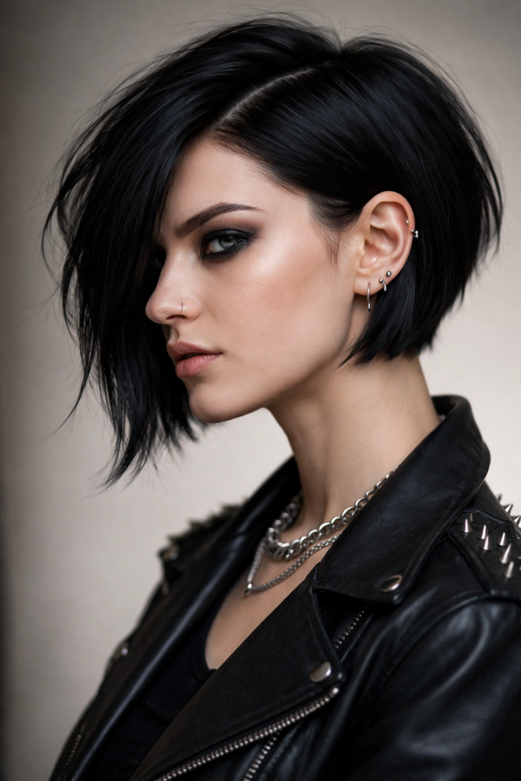 Asymmetrical punk bob with deep side part showing off-center angle