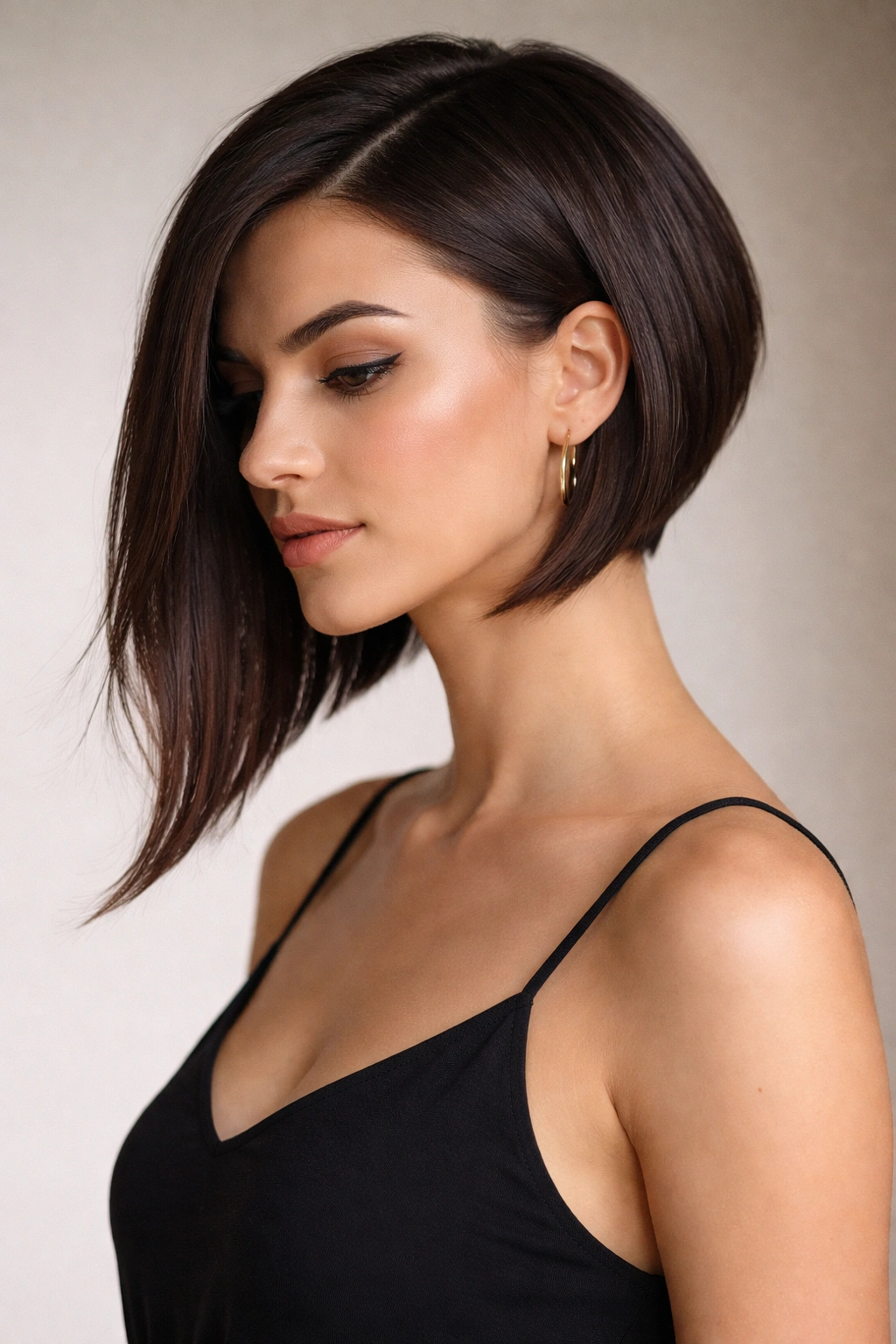 Portrait of an asymmetrical razor bob with one longer side showing defined edge.
