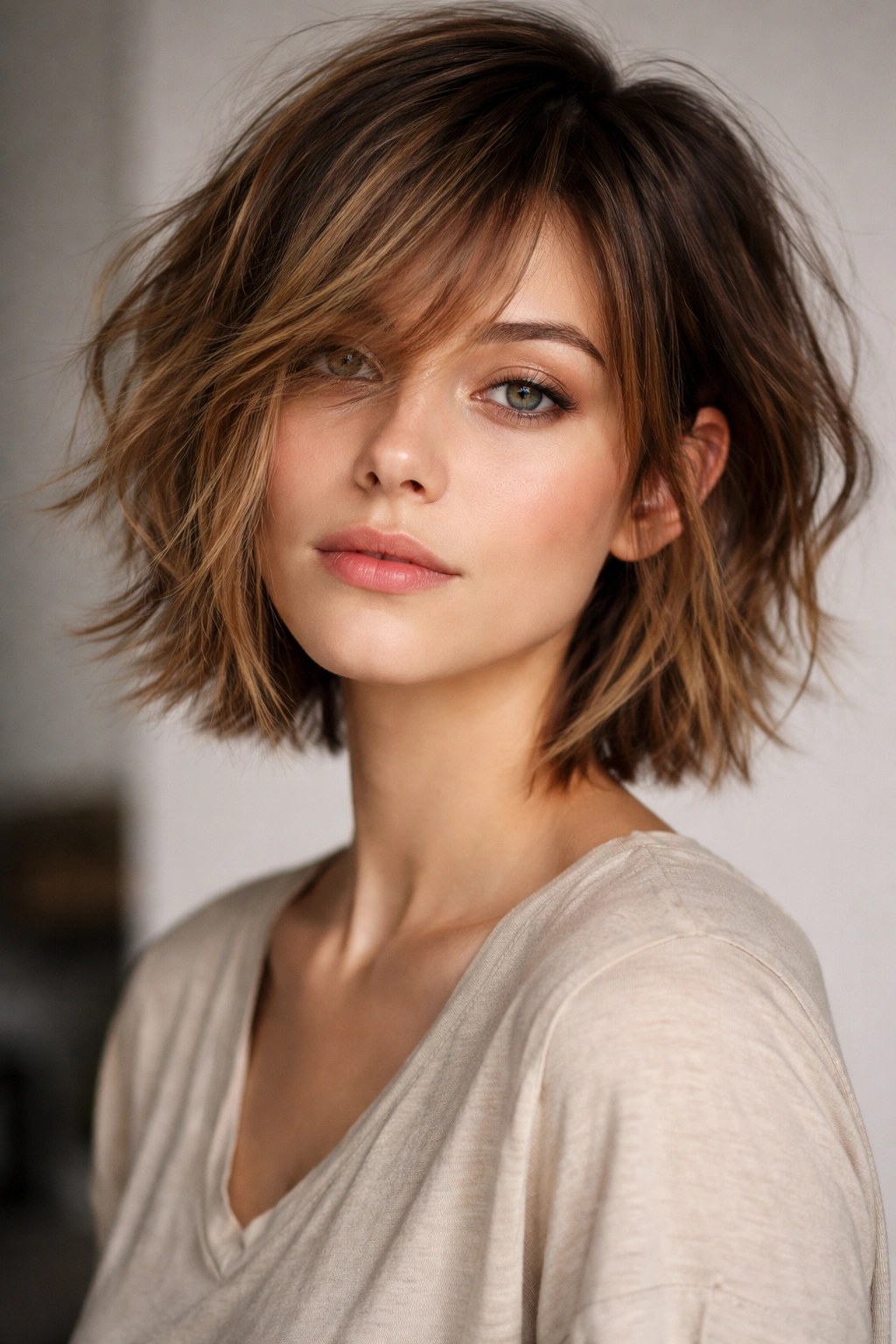 Asymmetrical piecey shaggy bob with uneven length and texture
