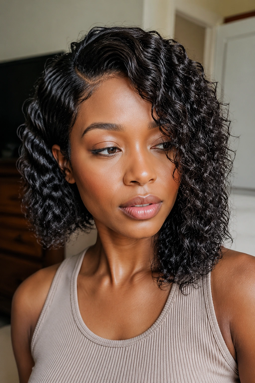 Close-up of asymmetrical shoulder-length curly wig with glossy roots