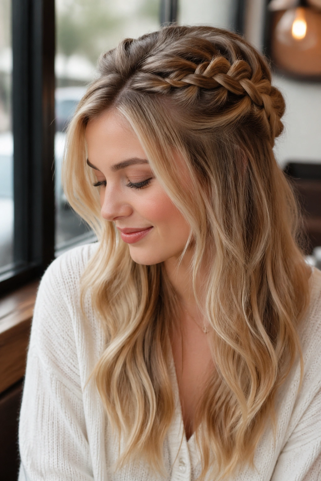 Close-up of a real woman with an off-center diagonal side braid half-up