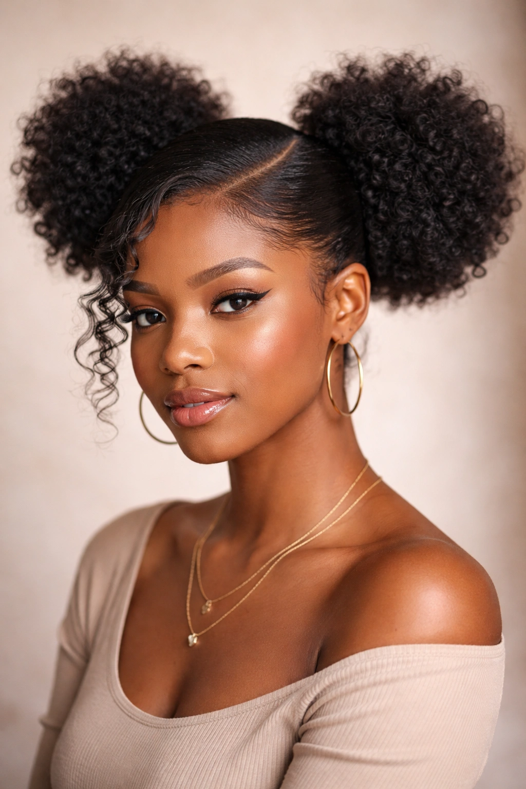 Three-quarter view of Side-Part Double Afro Puffs with asymmetrical edge.