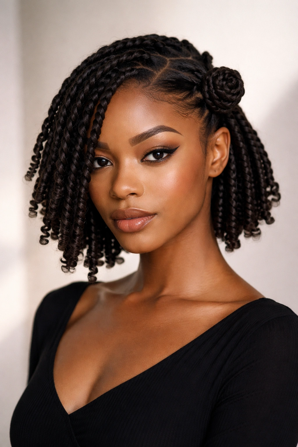 Asymmetrical bob with one temple knot on fuller side