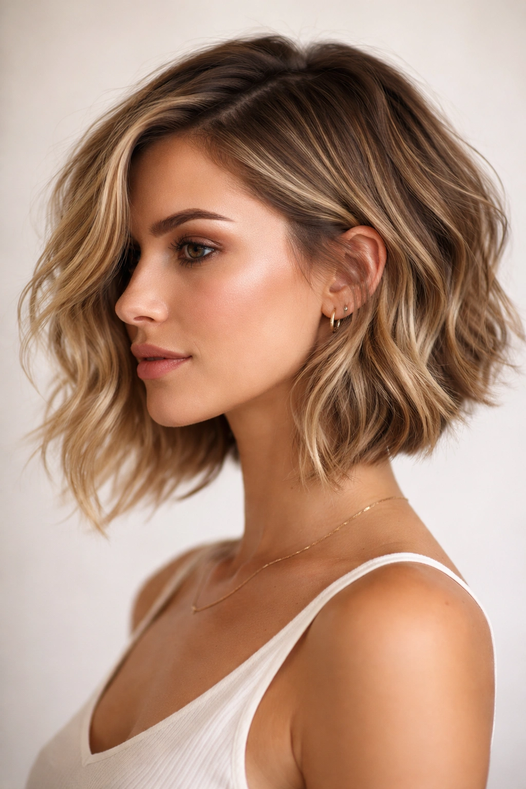 Portrait of asymmetrical wavy bob with diagonal movement and longer side.