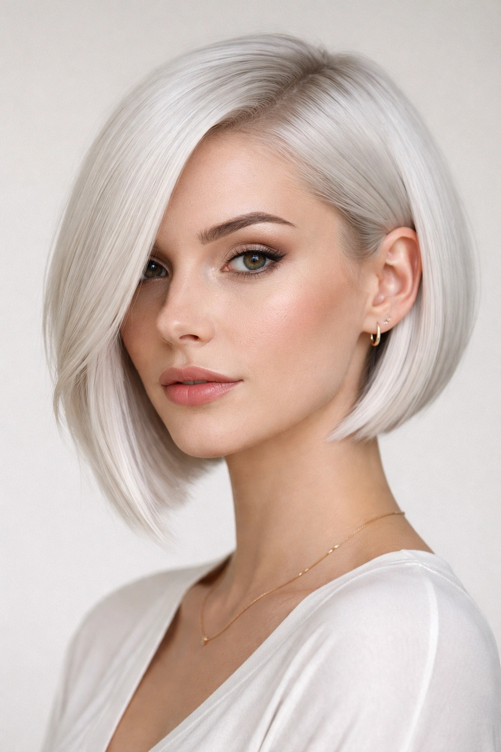 Asymmetrical white bob with longer and shorter sides