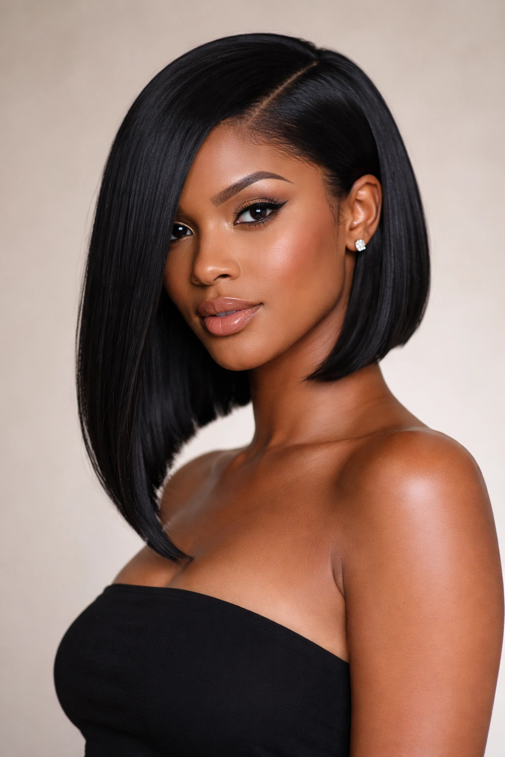 Portrait of a person with an asymmetrical bob showing one longer side and a sharp blunt bottom