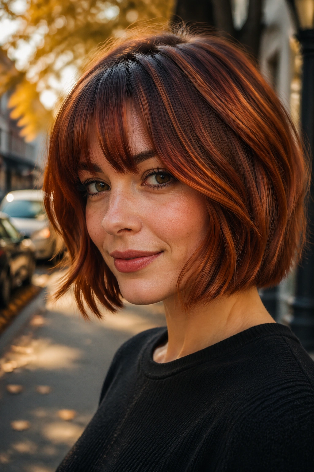 Real woman with auburn balayage on a chin-length bob with soft bangs.