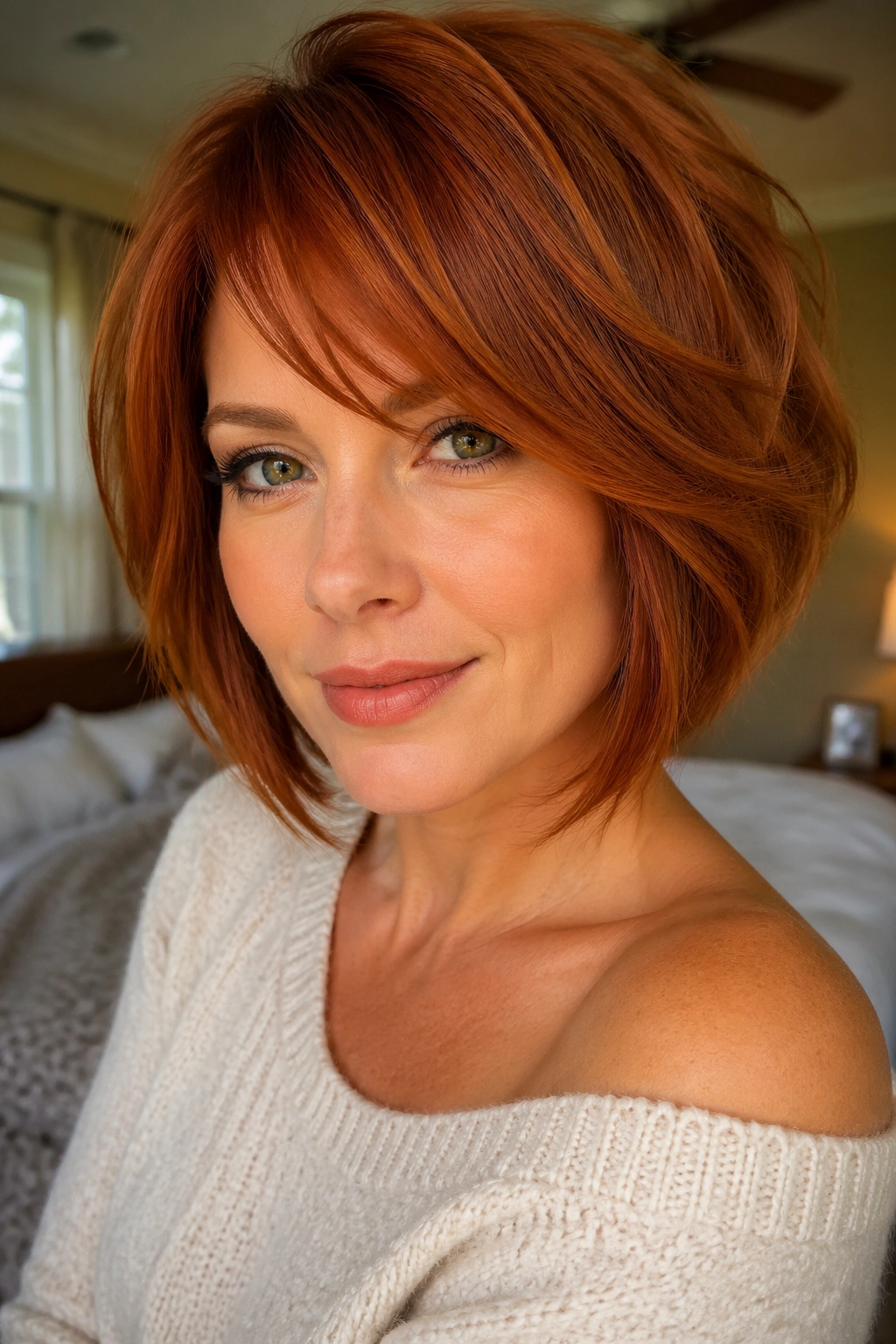 Close-up portrait of a real woman with an auburn layered bob