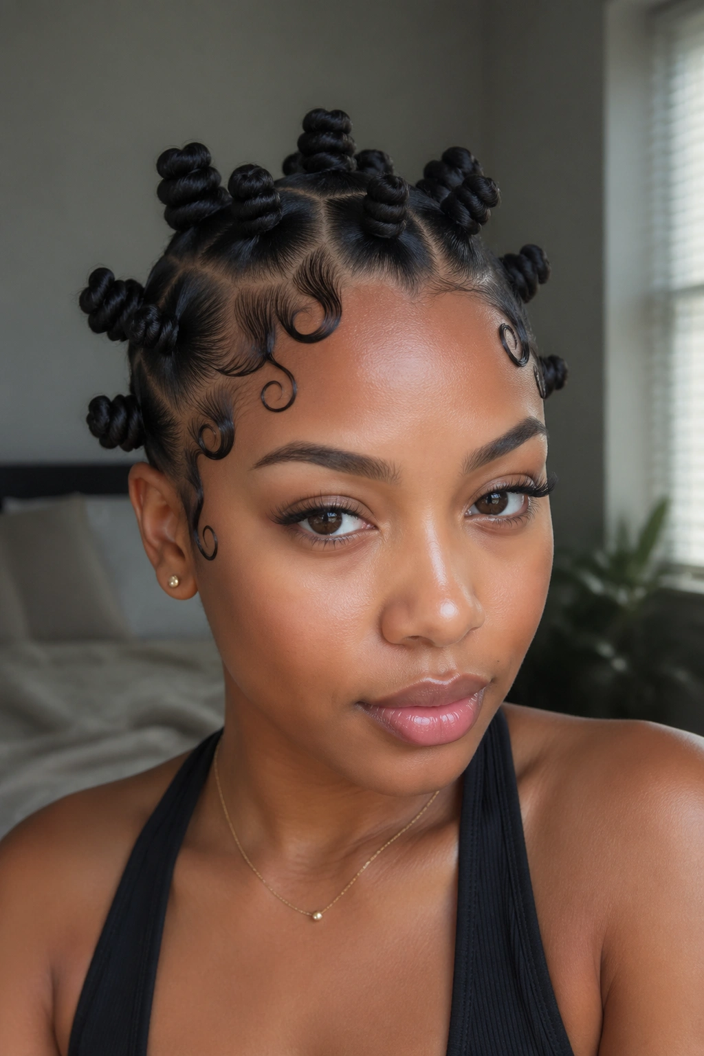 Real person with small knots and slim baby-hair swirls at temples