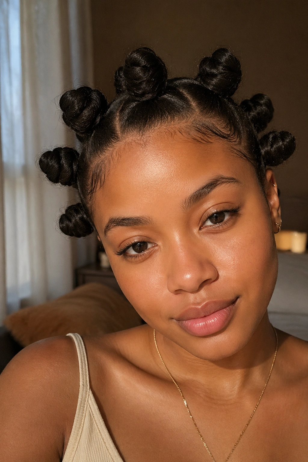 Close-up portrait of loose knots with soft baby hairs on a real person