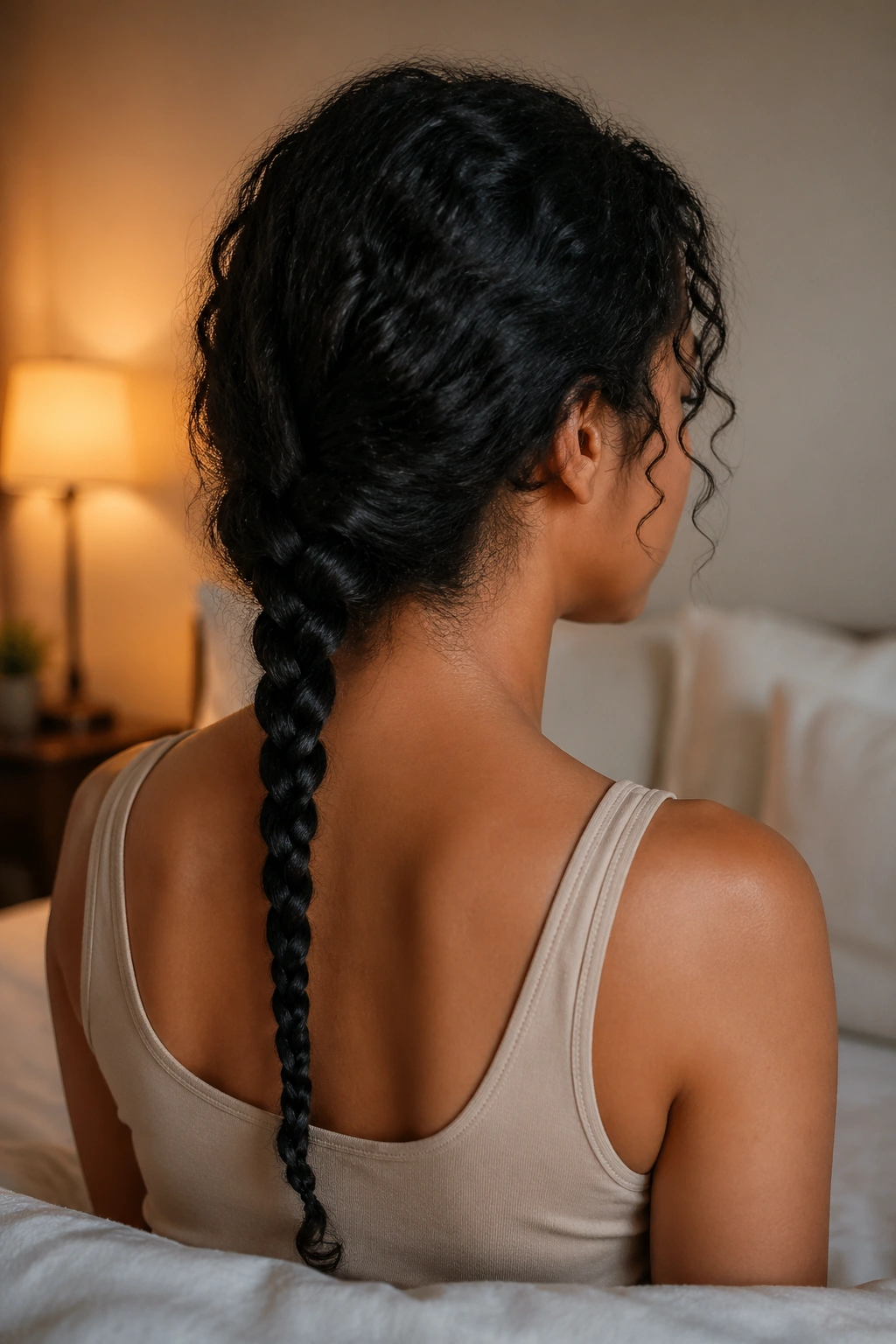Back view of a real woman with one loose braid protecting curl ends overnight.