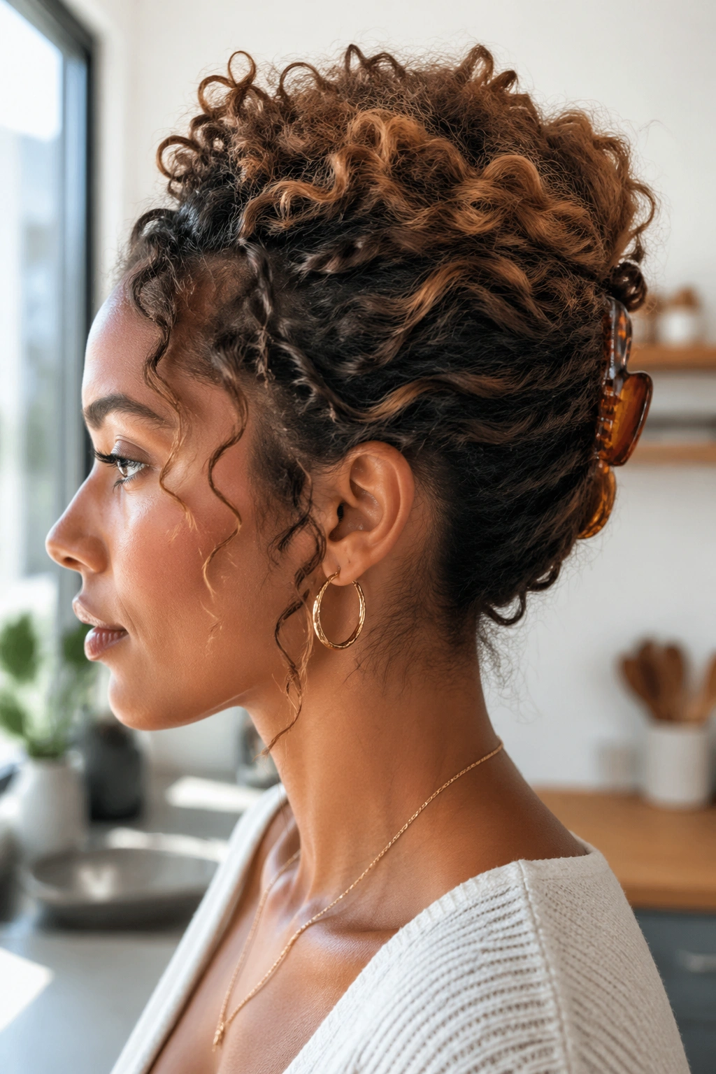 Close-up portrait of a real woman wearing a banana clip updo with lifted curls