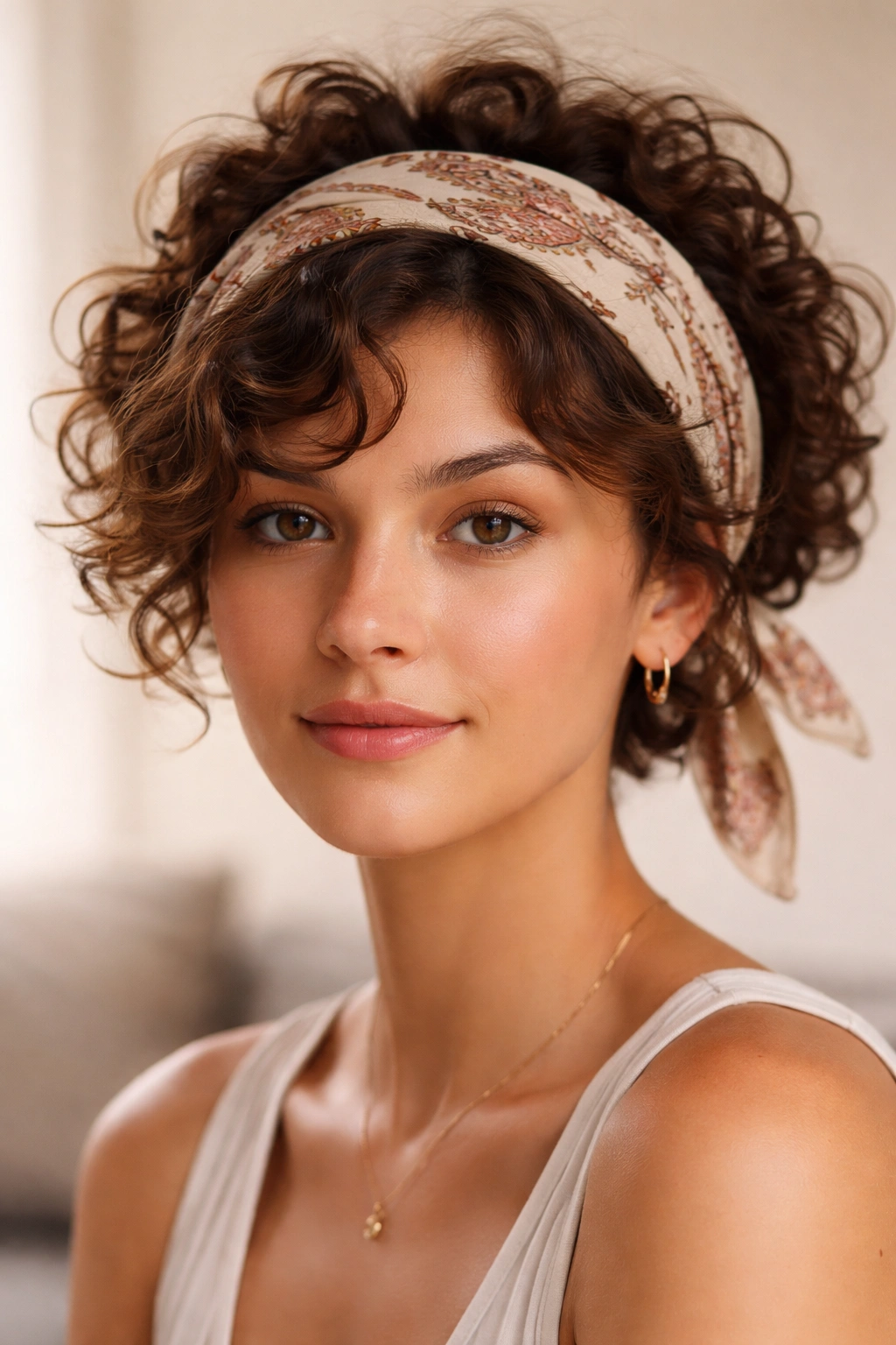 Direct view of bandana crown wrap framing short curls