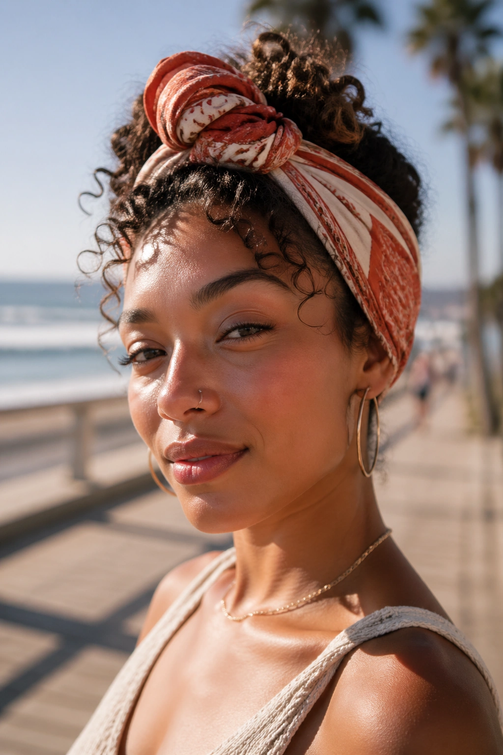 Woman with bandana tuck and roll hairstyle at the beach