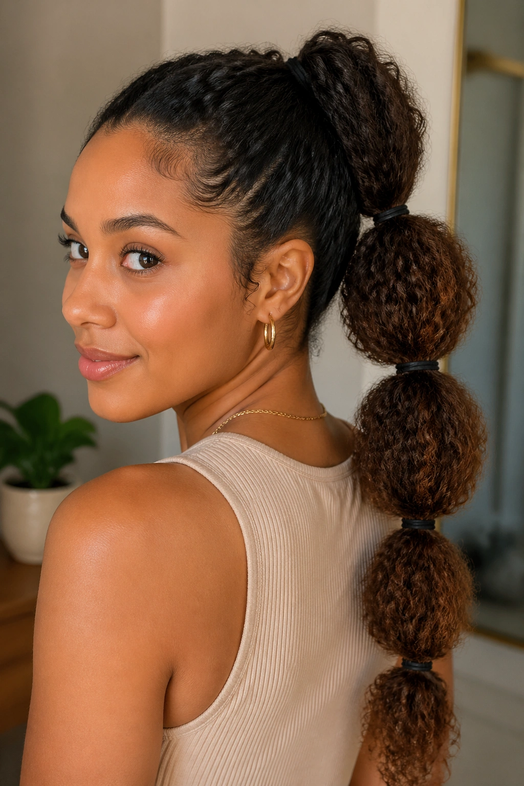 Close-up of a real person with a stacked banded puff ponytail