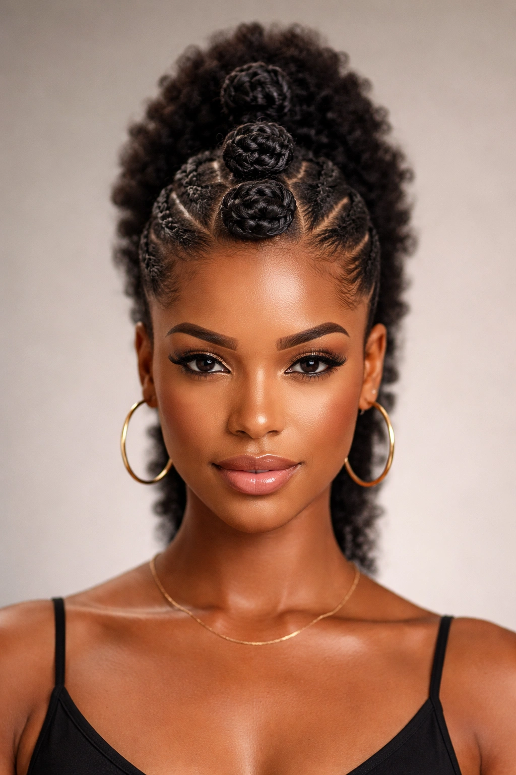 Front view of a Bantu Knot Afrohawk with center knots