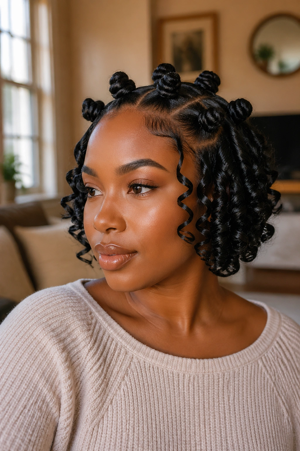 Close-up of a woman with a chin-length Bantu knot bob and tucked-in ringlets in natural window light