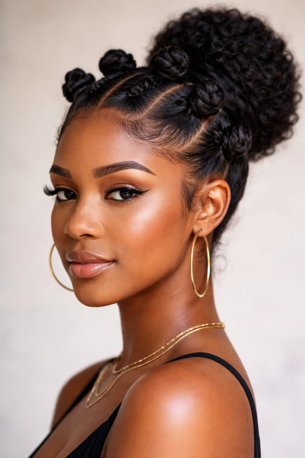 Bantu Knot Bun Hybrid: crown knots with a tucked bun for texture and edge