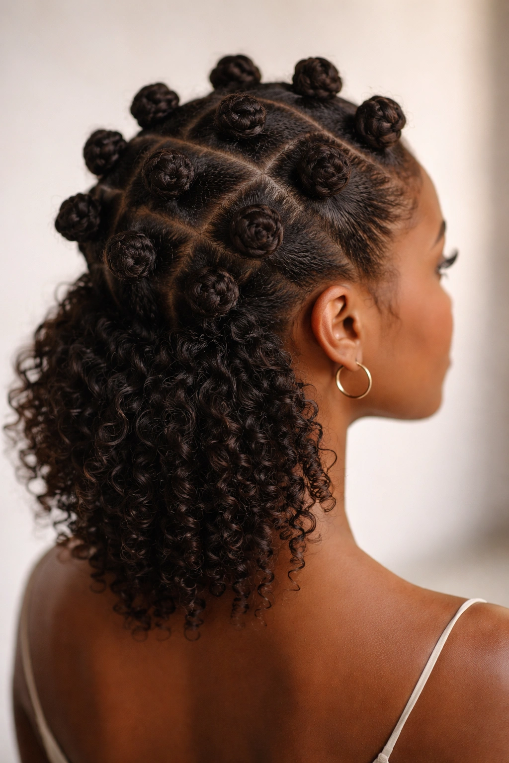 Bantu knot crown with loose ends around the head