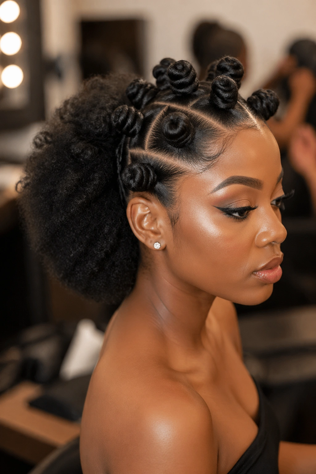 Close-up of a real person wearing a bantu knot crown with fluffy back for prom.