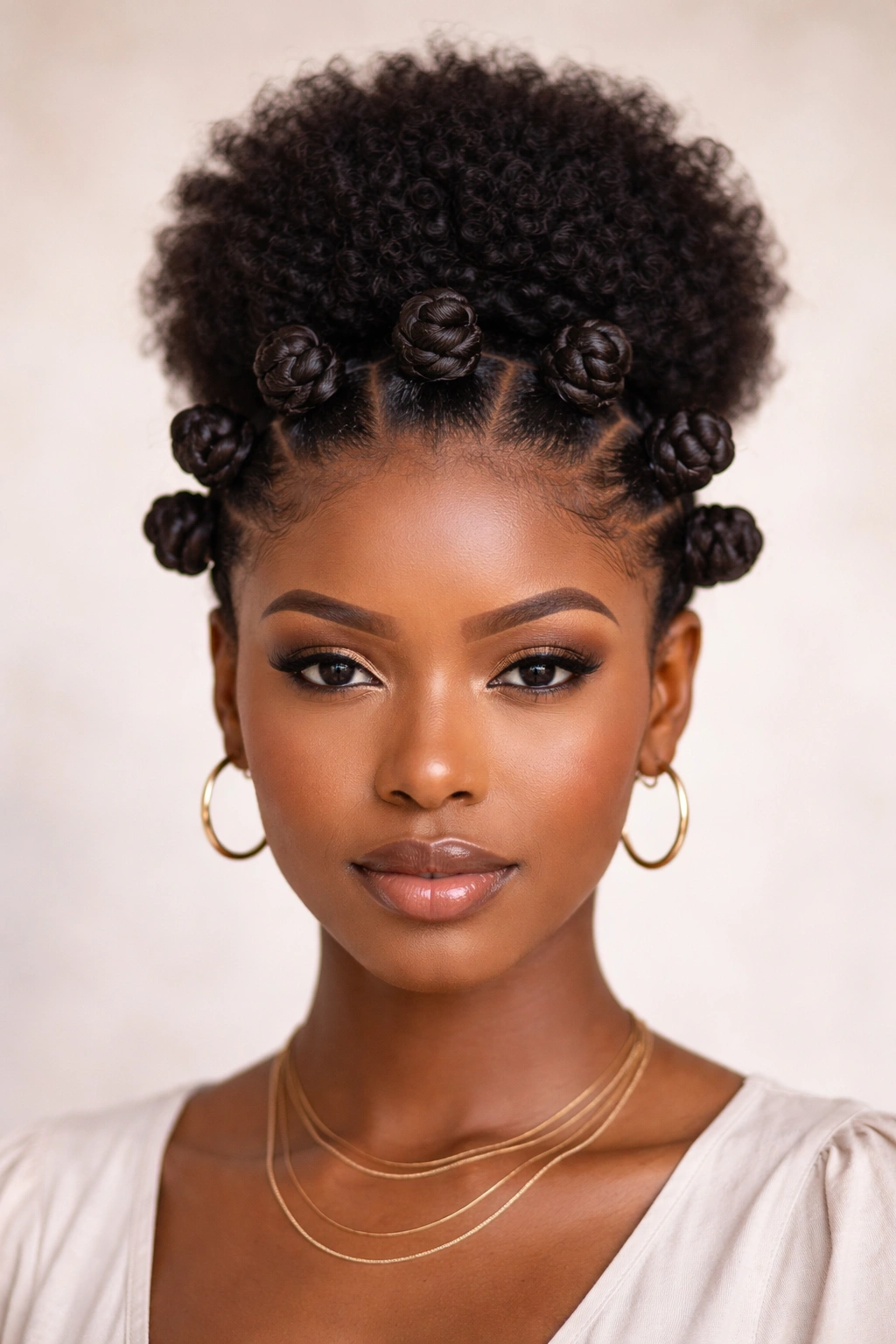 Perimeter crown of small Bantu knots around the hairline with a central open section