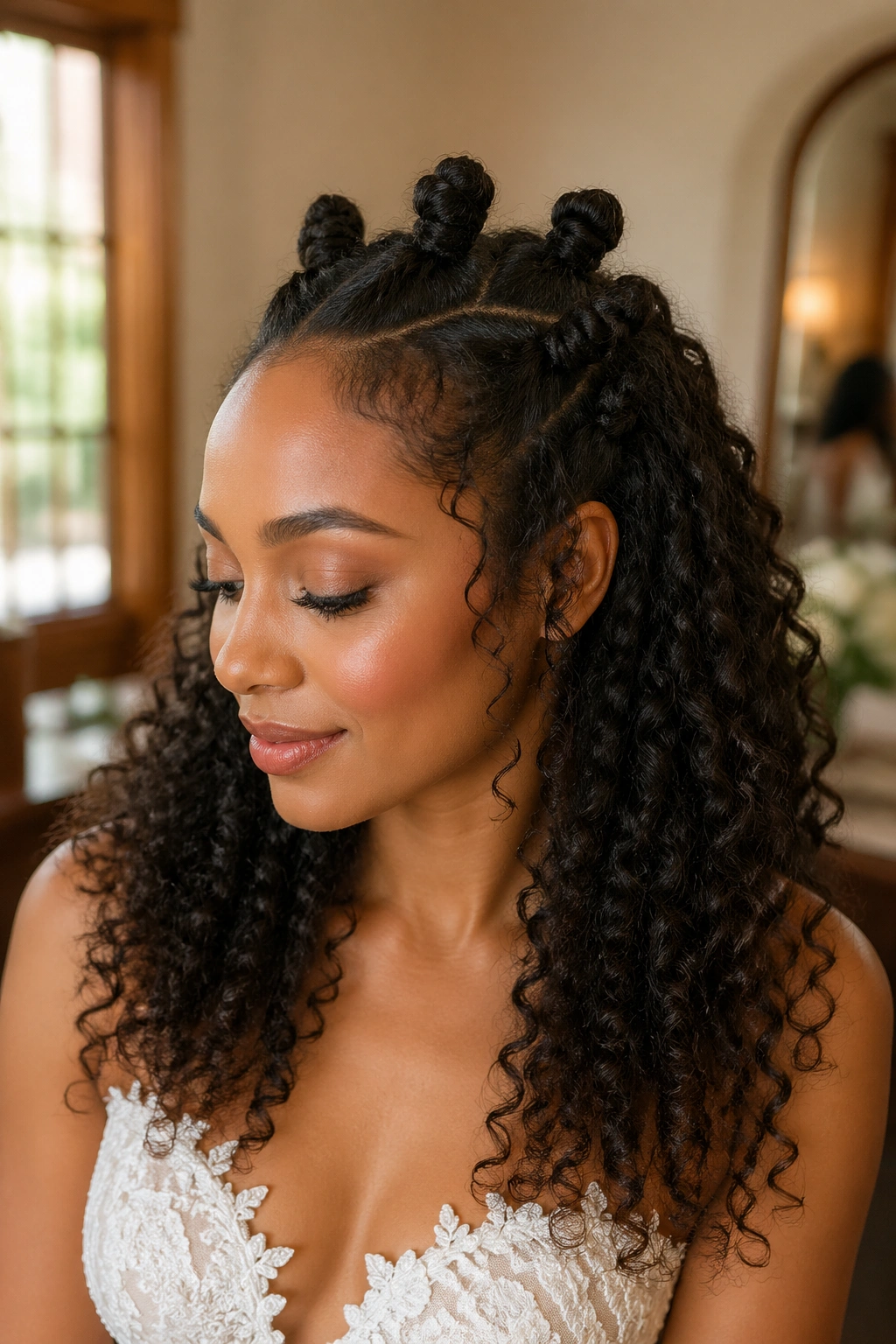 Close-up of a real bride with small bantu knots at the crown and loose curly hair