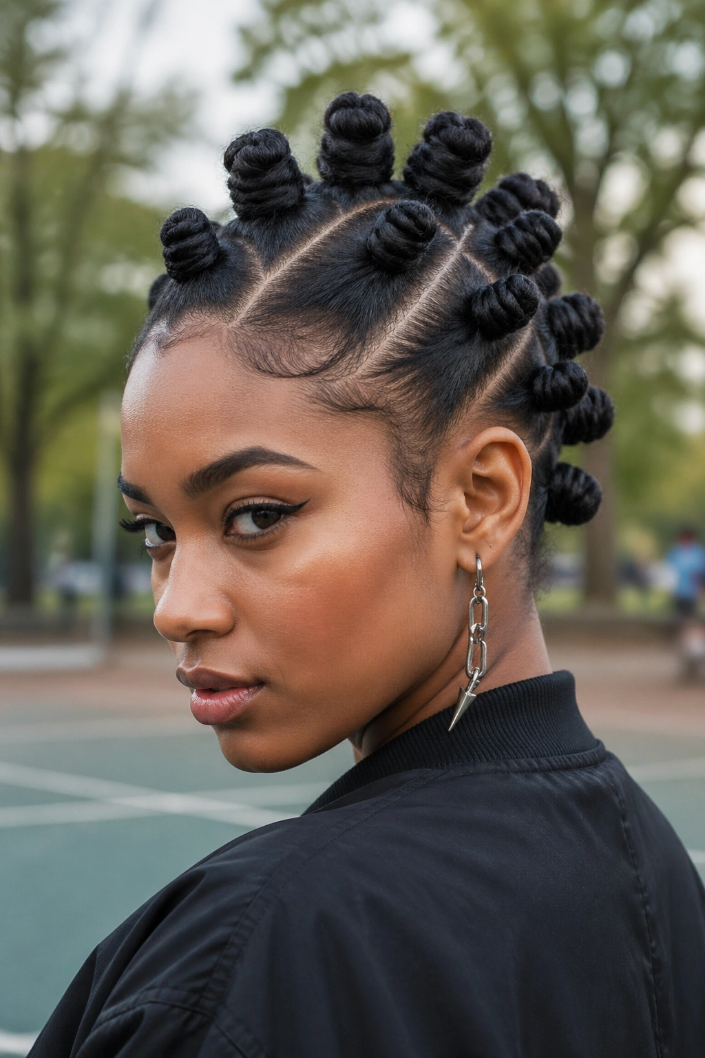 Close-up portrait of a real woman with bantu knot hawk and straight parting against a city park setting