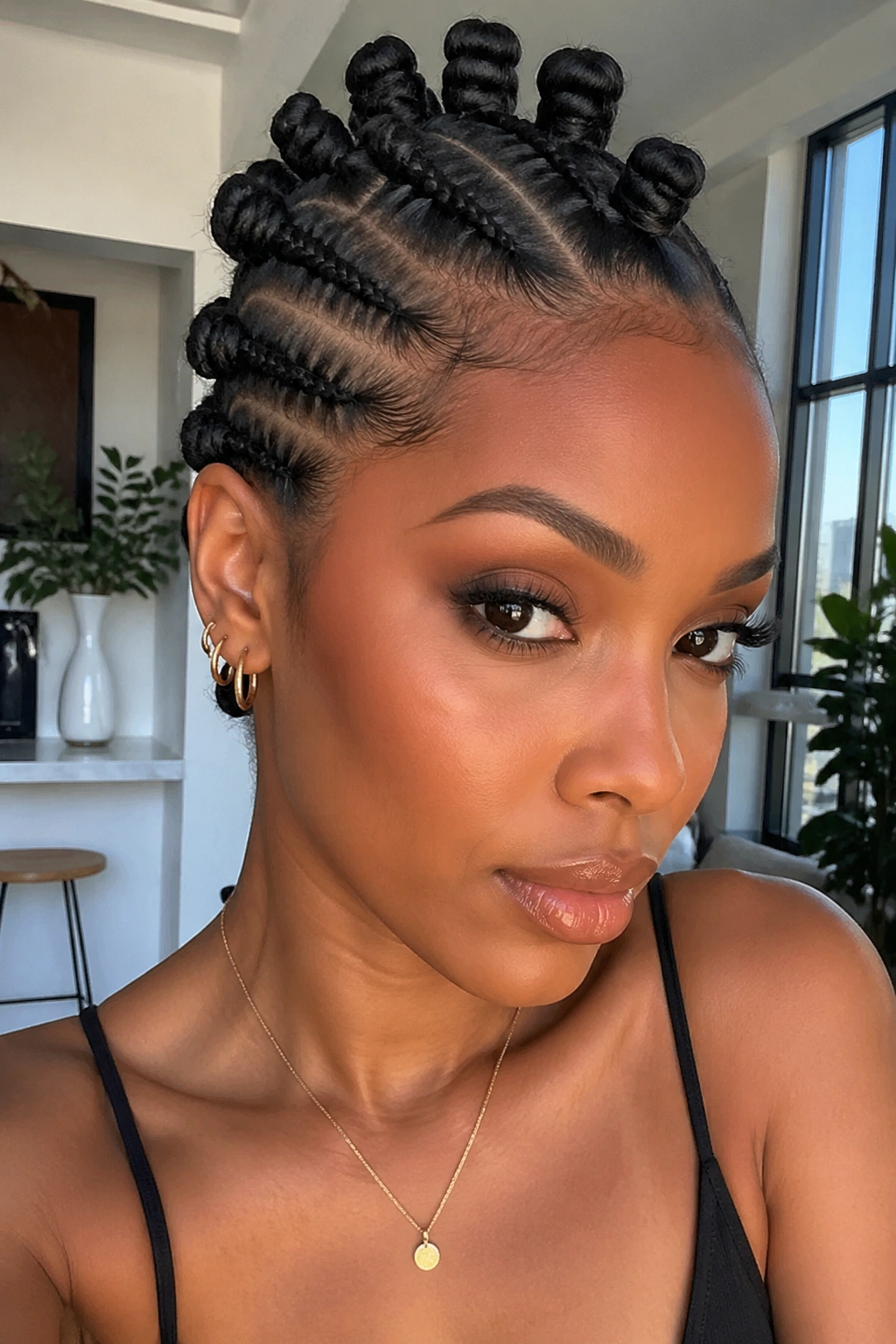 Close-up of a woman with a bantu knot mohawk