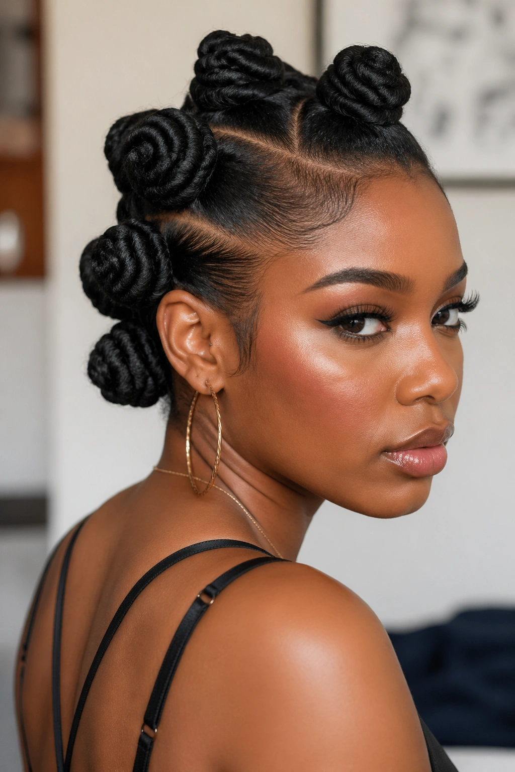 Close-up of a real person with chunky side-swept Bantu knot Mohawk and diagonal part