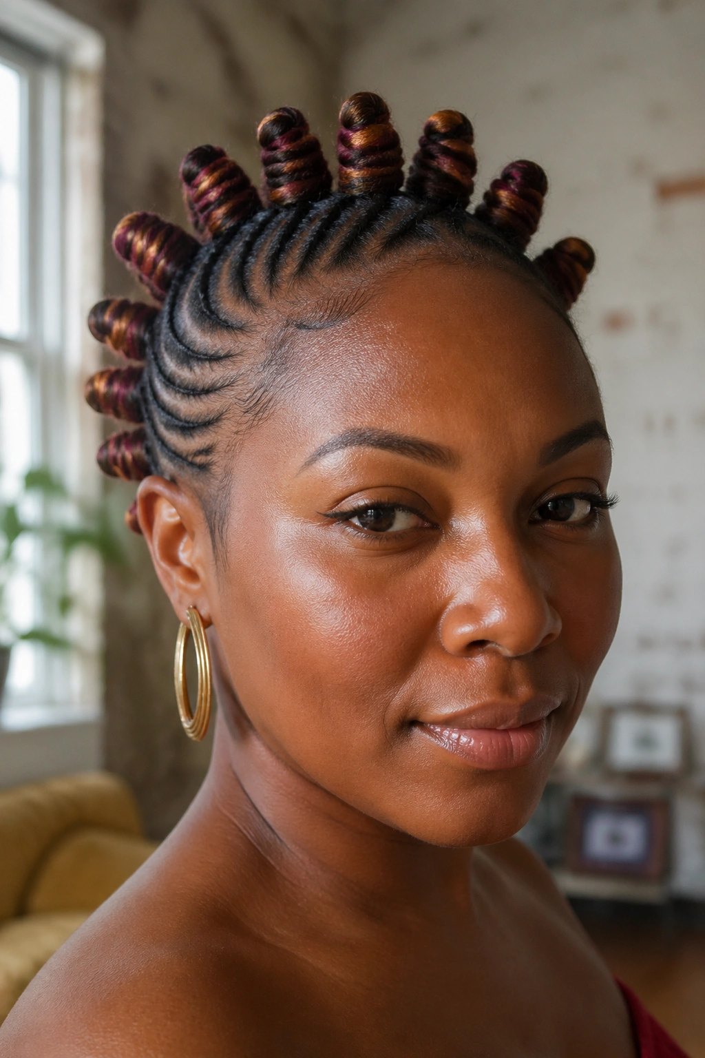 Close-up of a real person with colored-tipped bantu knot mohawk