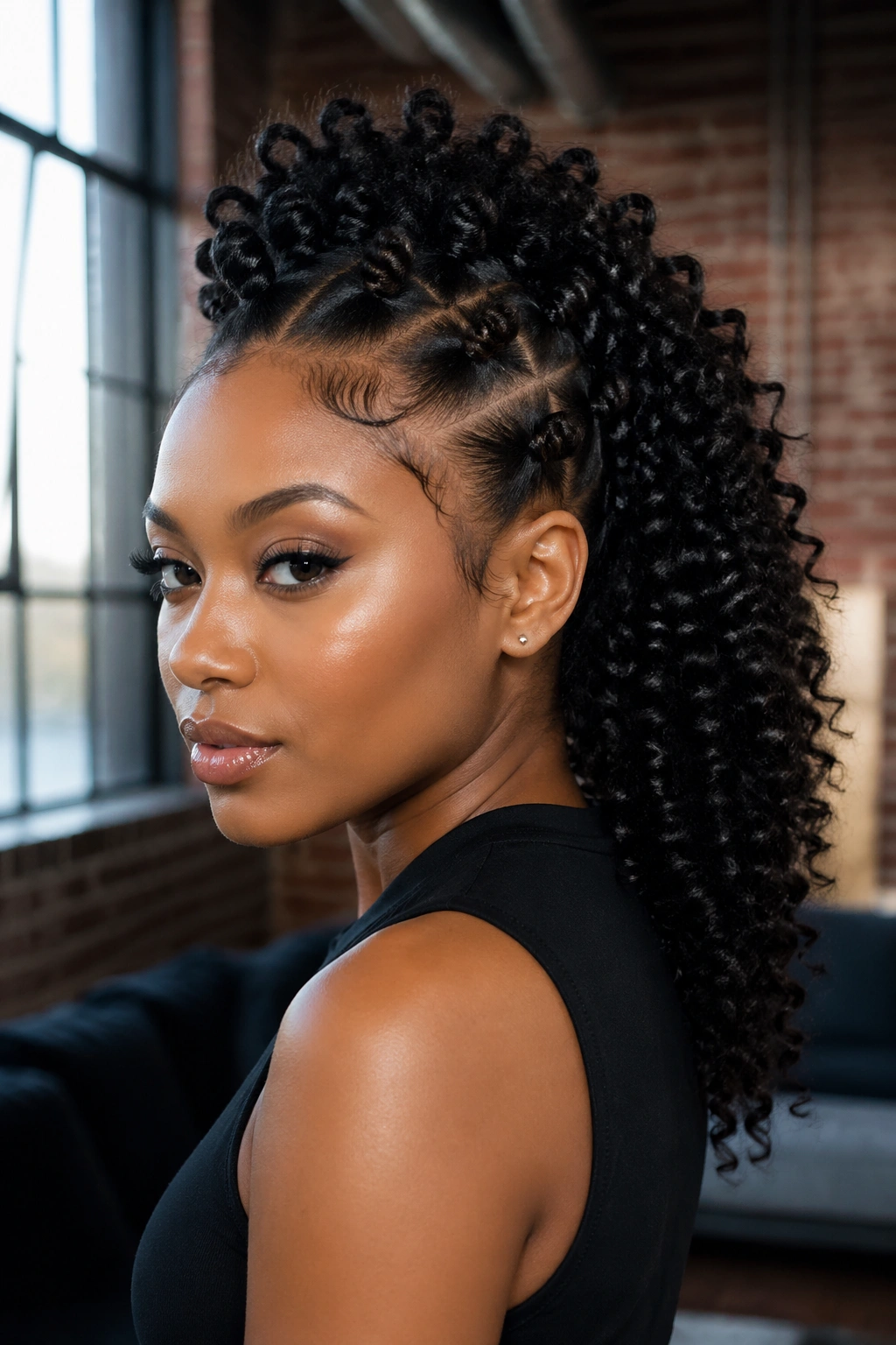 Close-up of a real person with a Bantu knot mohawk and curly waterfall back