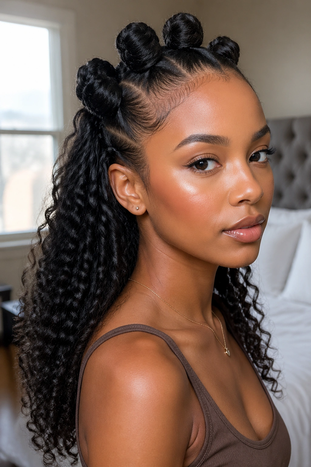 Real person with half-up Bantu Knot Mohawk and loose back curls