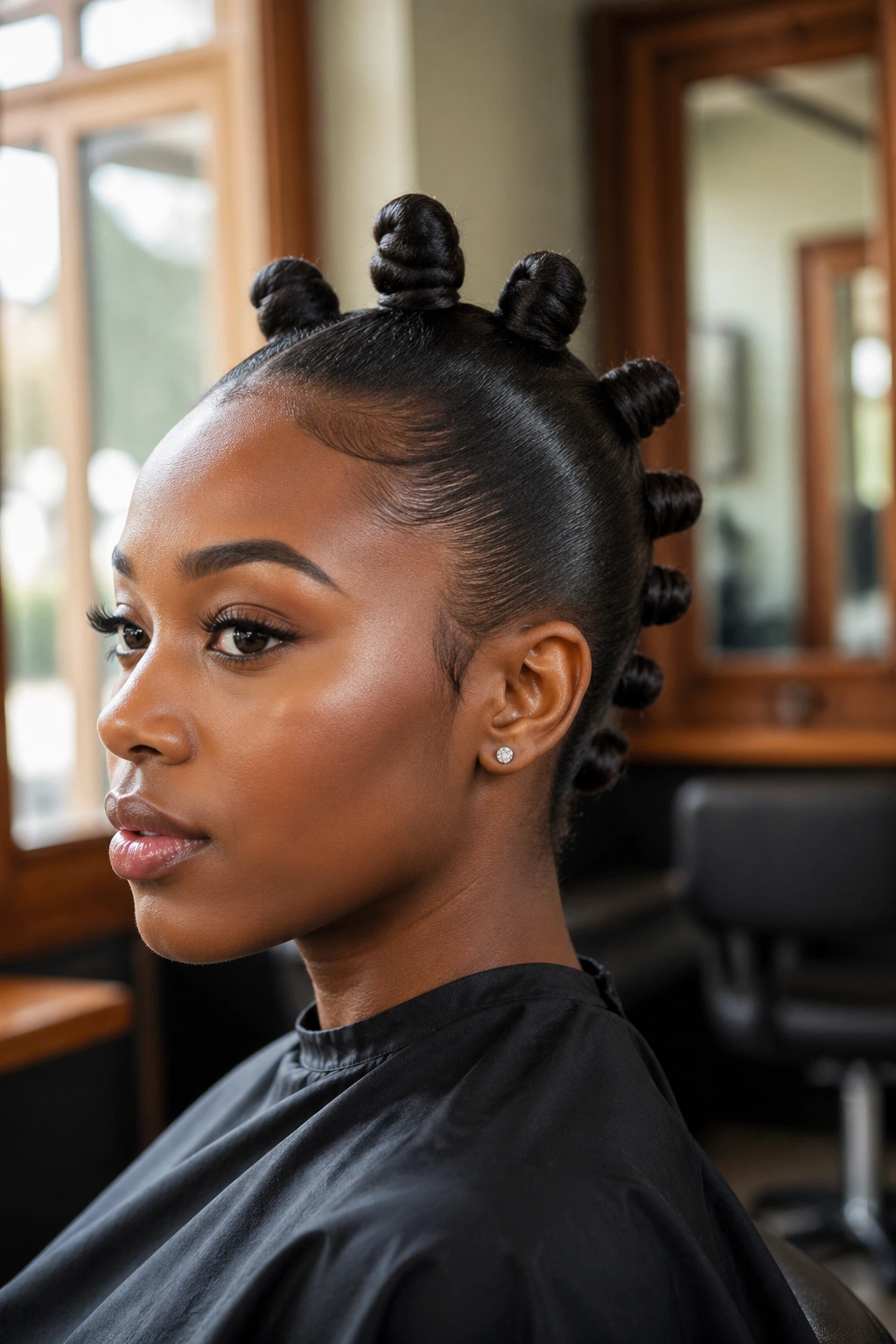 Close-up portrait of a real person with a sleek high Bantu Knot Mohawk and slicked sides