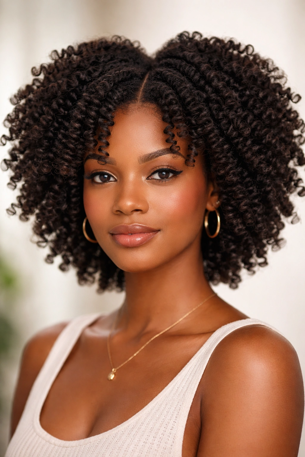 Close-up of a Bantu knot-out curly Afro with defined curl sections and an even pattern.