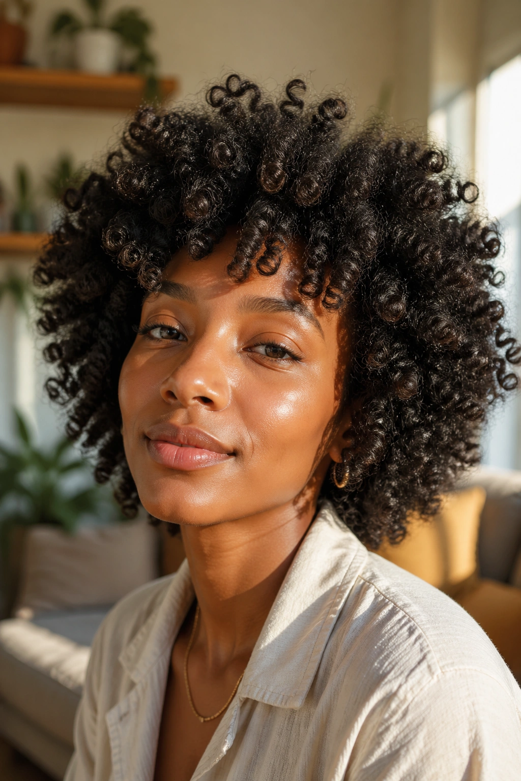 Real person with Bantu knot-out Afro featuring rounded curls in warm indoor light