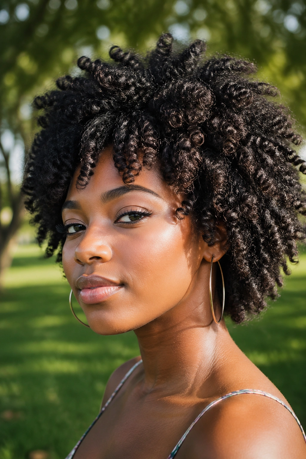 Close-up of a real woman with knot-out Afro hairstyle showing halo curls