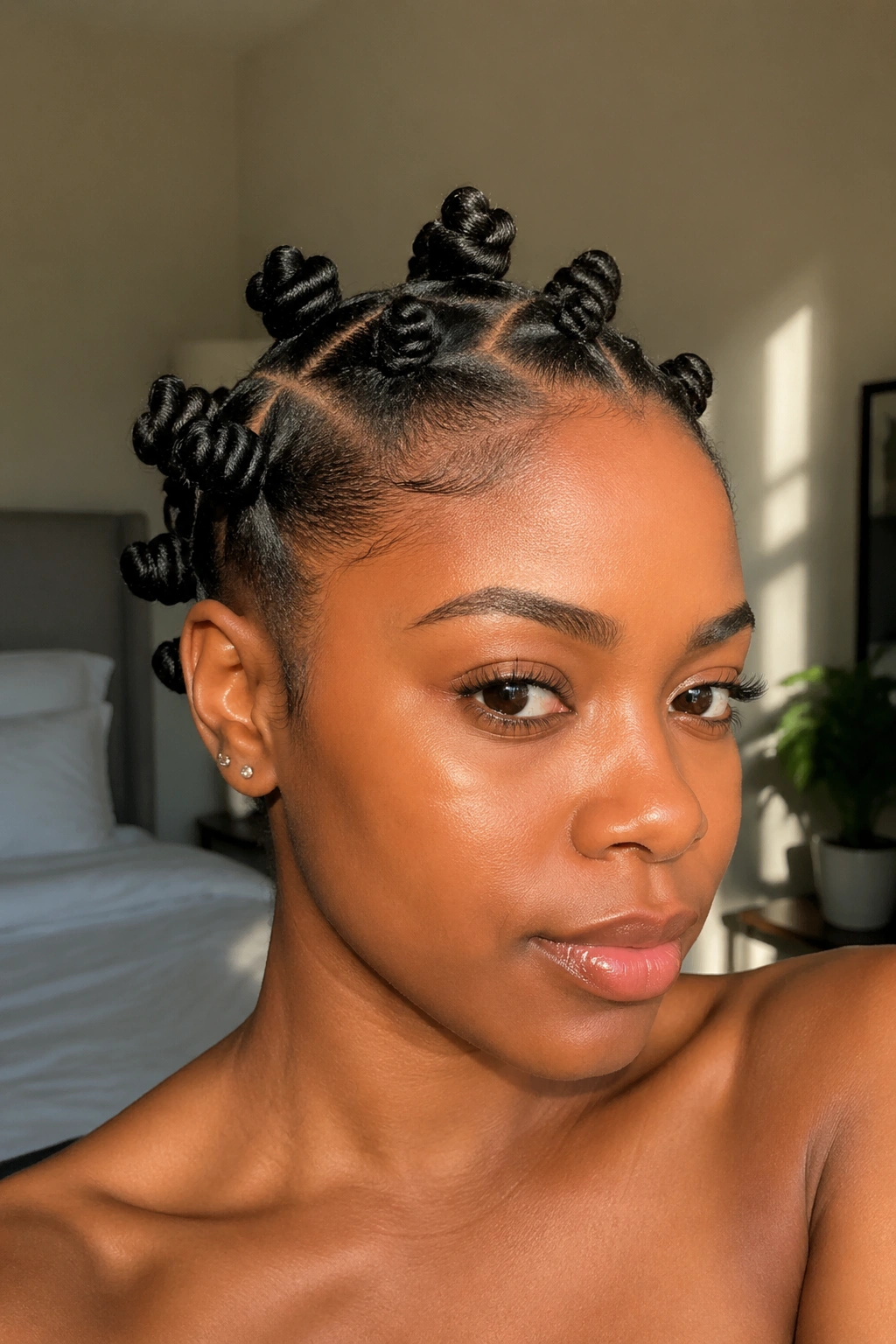 Close-up of a real woman with Bantu knot-out showing defined curls