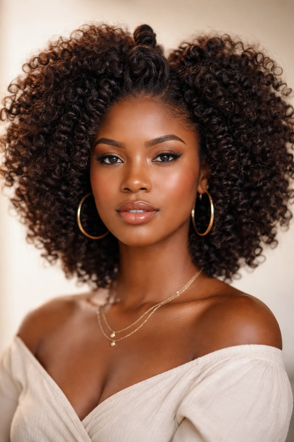 Bantu knot-out afro with big springy shape and halo around the cheeks