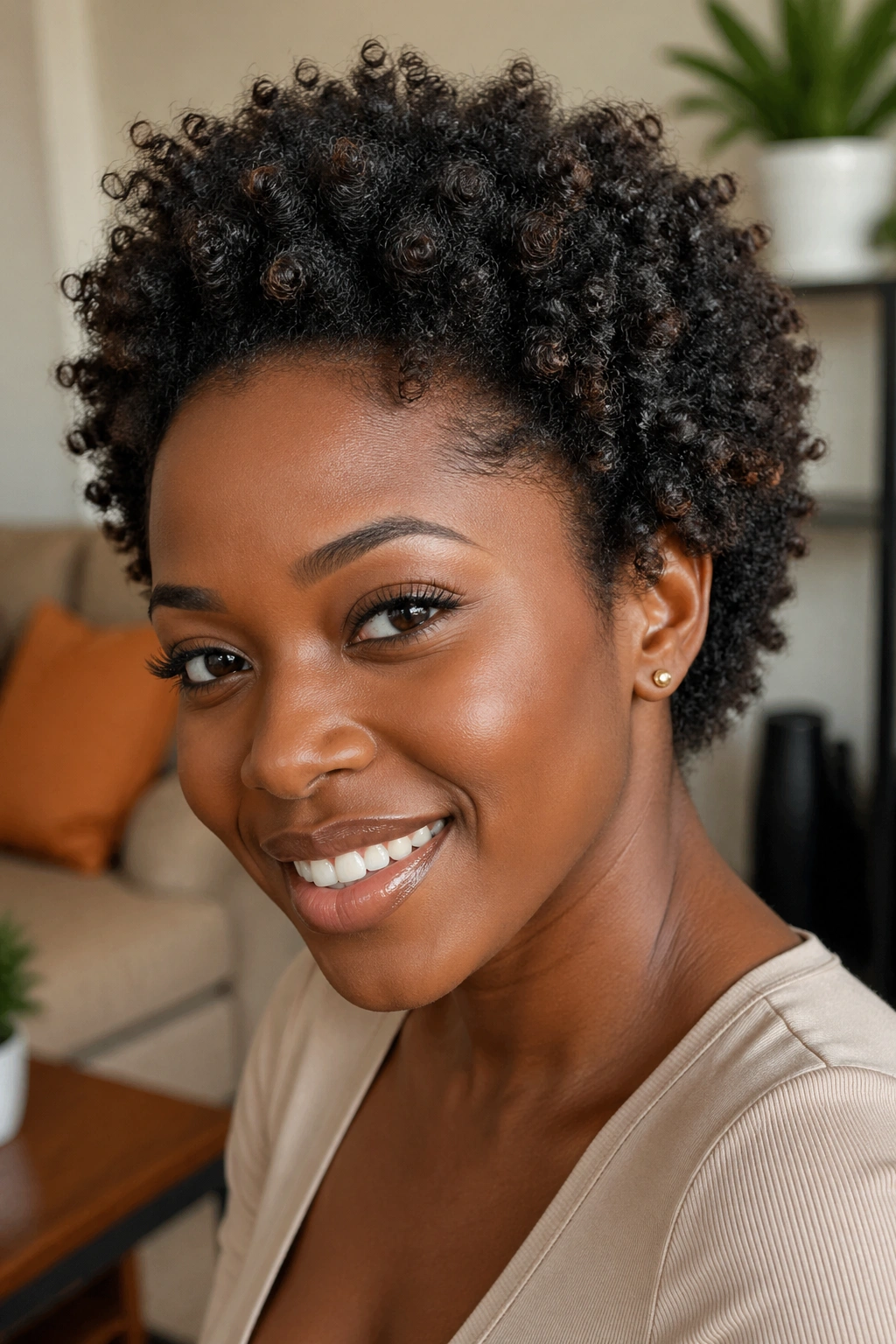 Close-up of a real person with mini afro knot-out texture