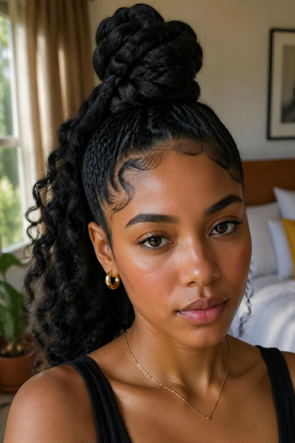Close-up of high ponytail with one jumbo Bantu knot on a real woman's head