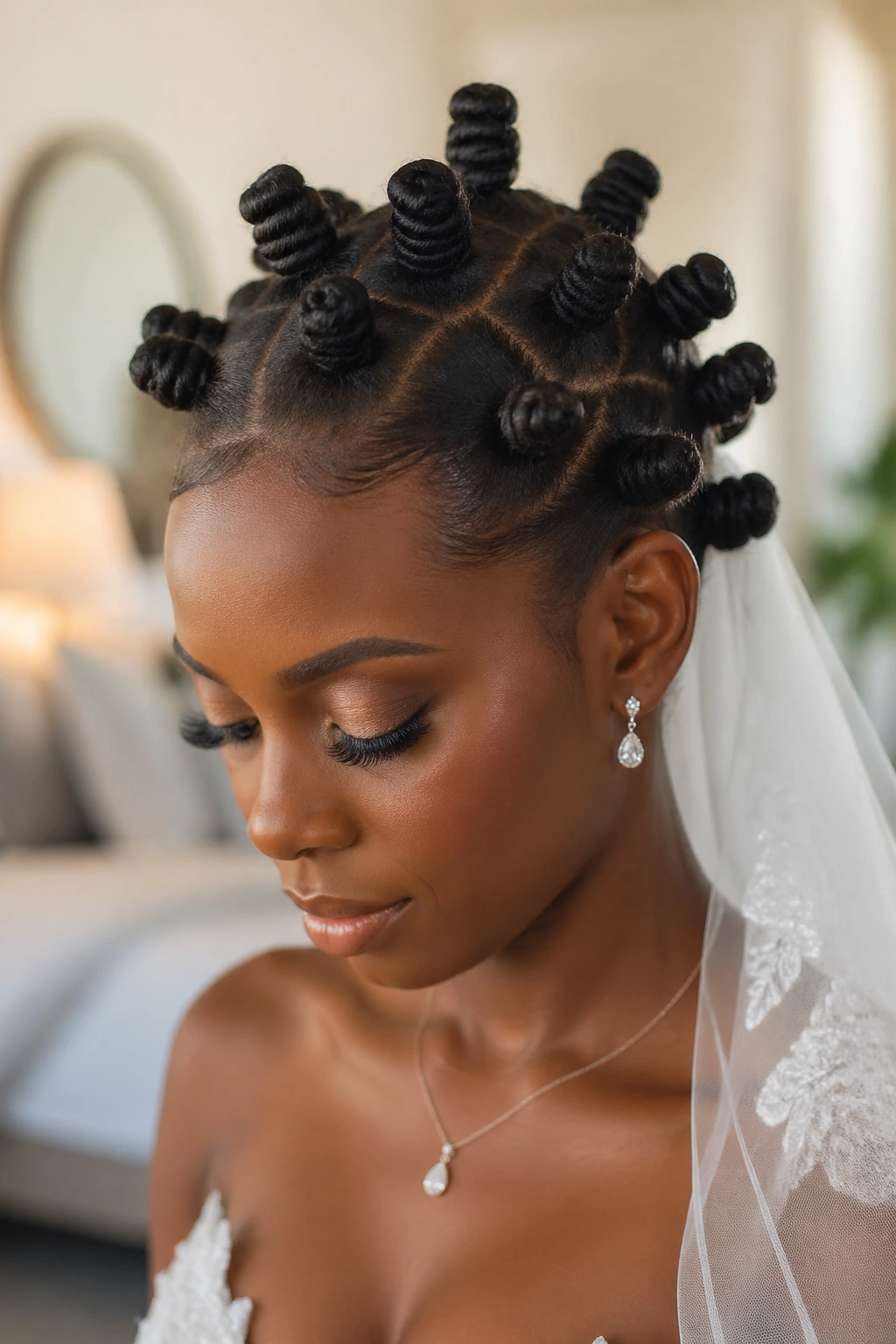 Close-up of a bride with bantu knot updo