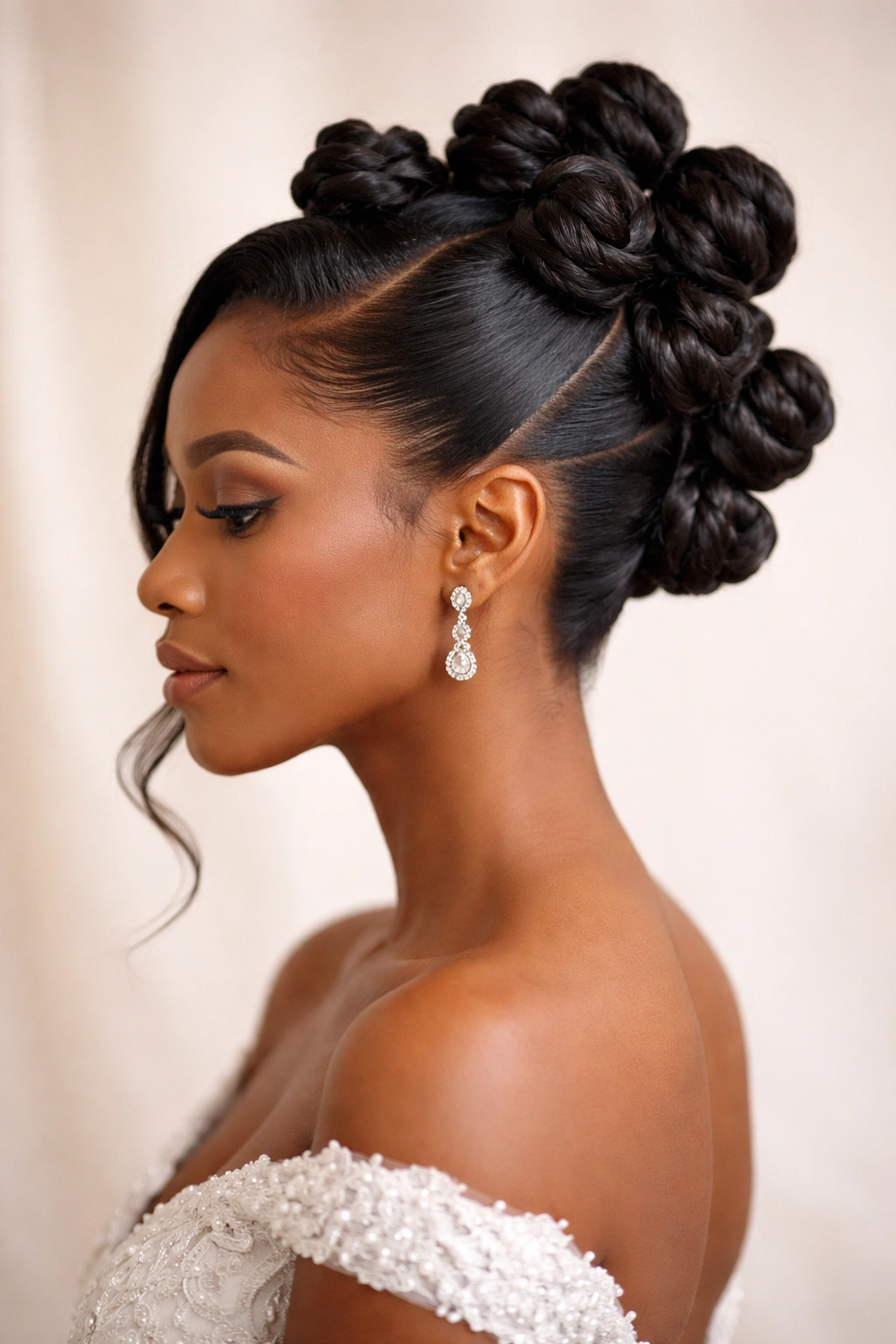 Close-up profile of Asymmetric Sculpted Bantu Knot Updo showing asymmetrical knots and nape anchor