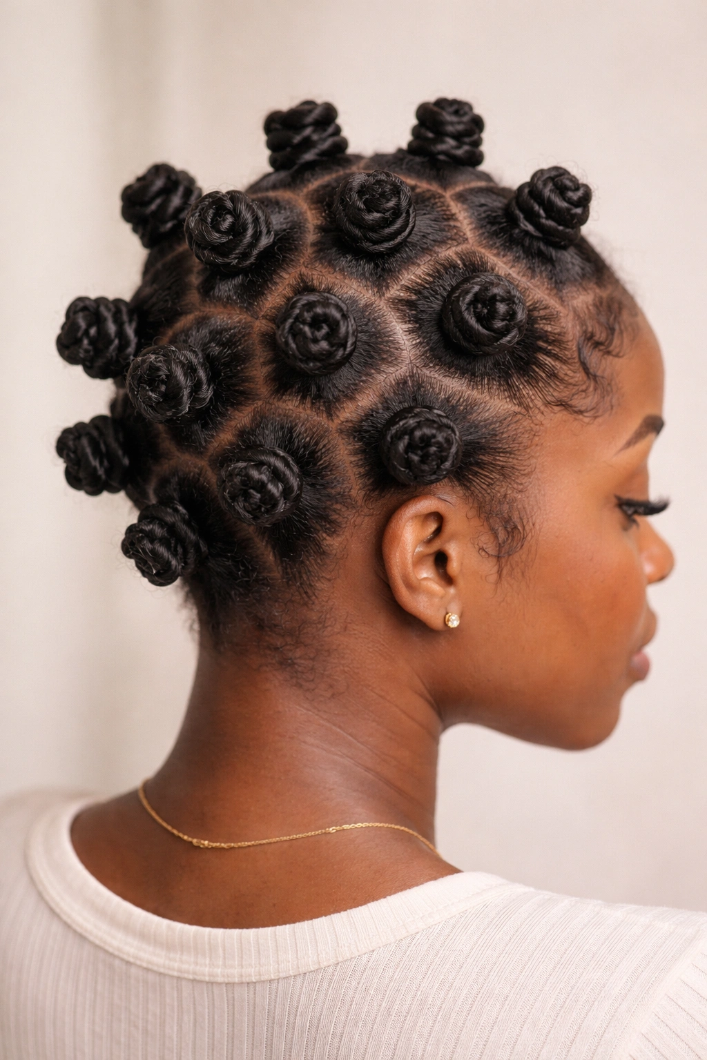 Close-up of a short hair Bantu knot set with evenly spaced knots