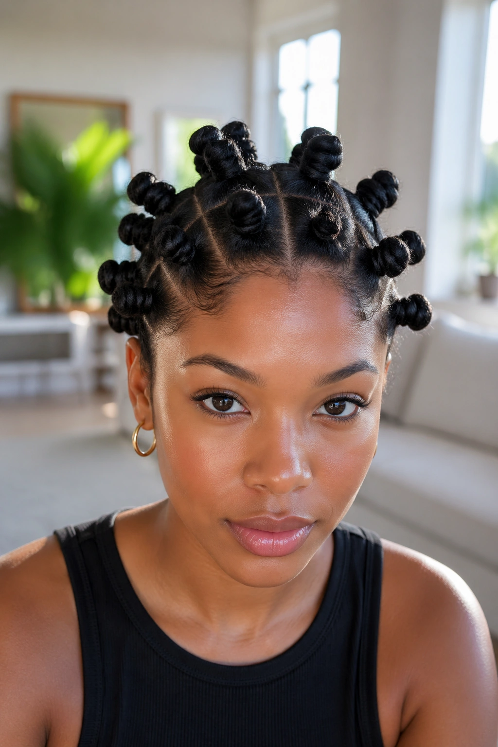 Front-facing portrait of a person with Bantu knots on the scalp in a bright room.