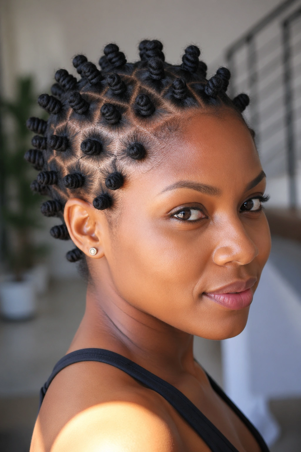 Close-up of a woman with many tiny bantu knots on the head