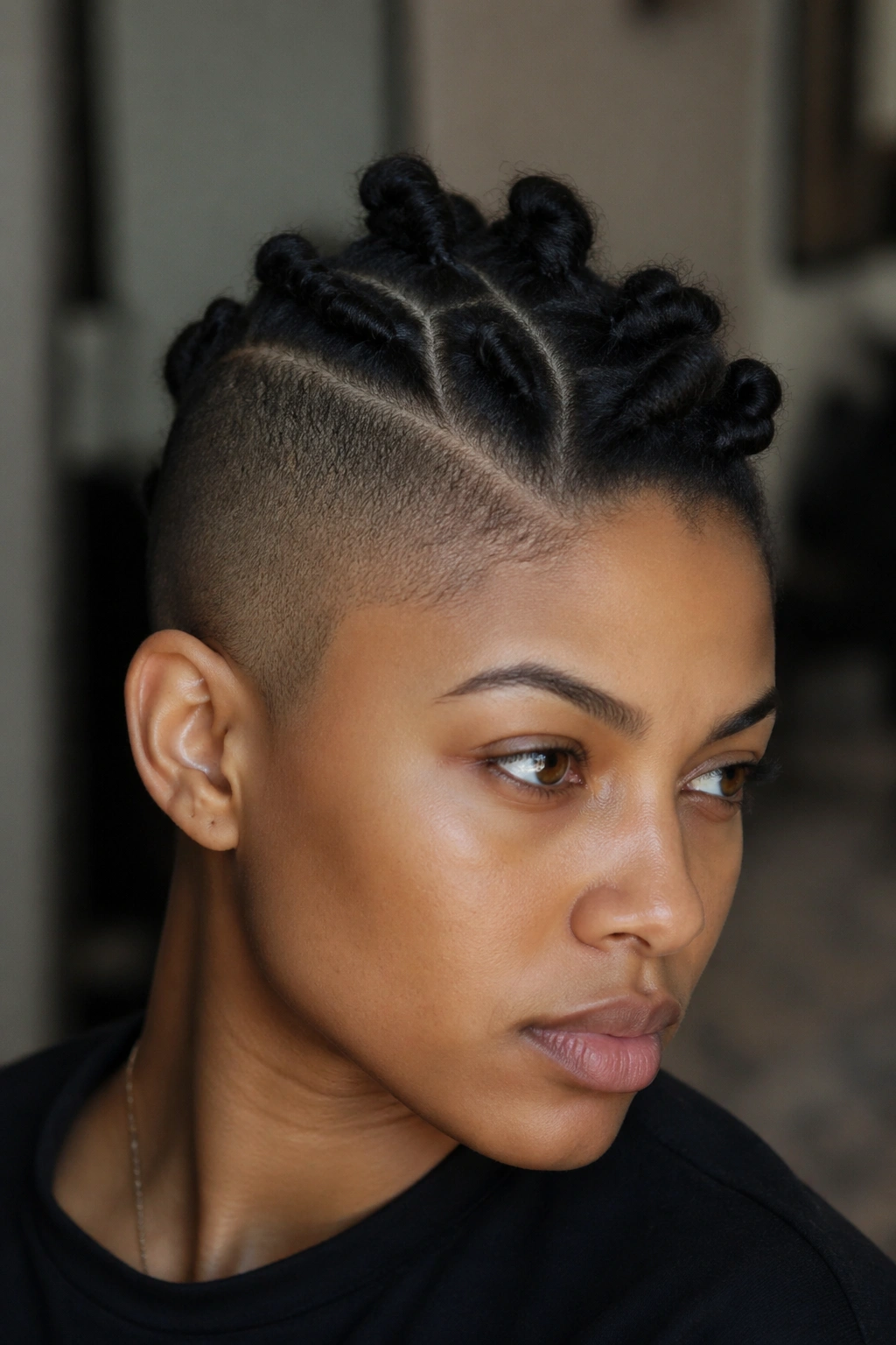 Close-up of side-swept knot row on a real person showing asymmetrical shave and knot arrangement