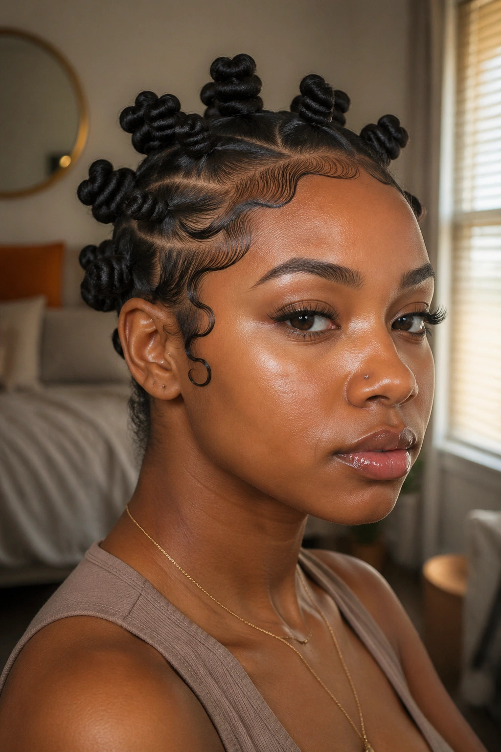 Real woman with sculpted baby hairs framing the face and Medium Bantu Knots