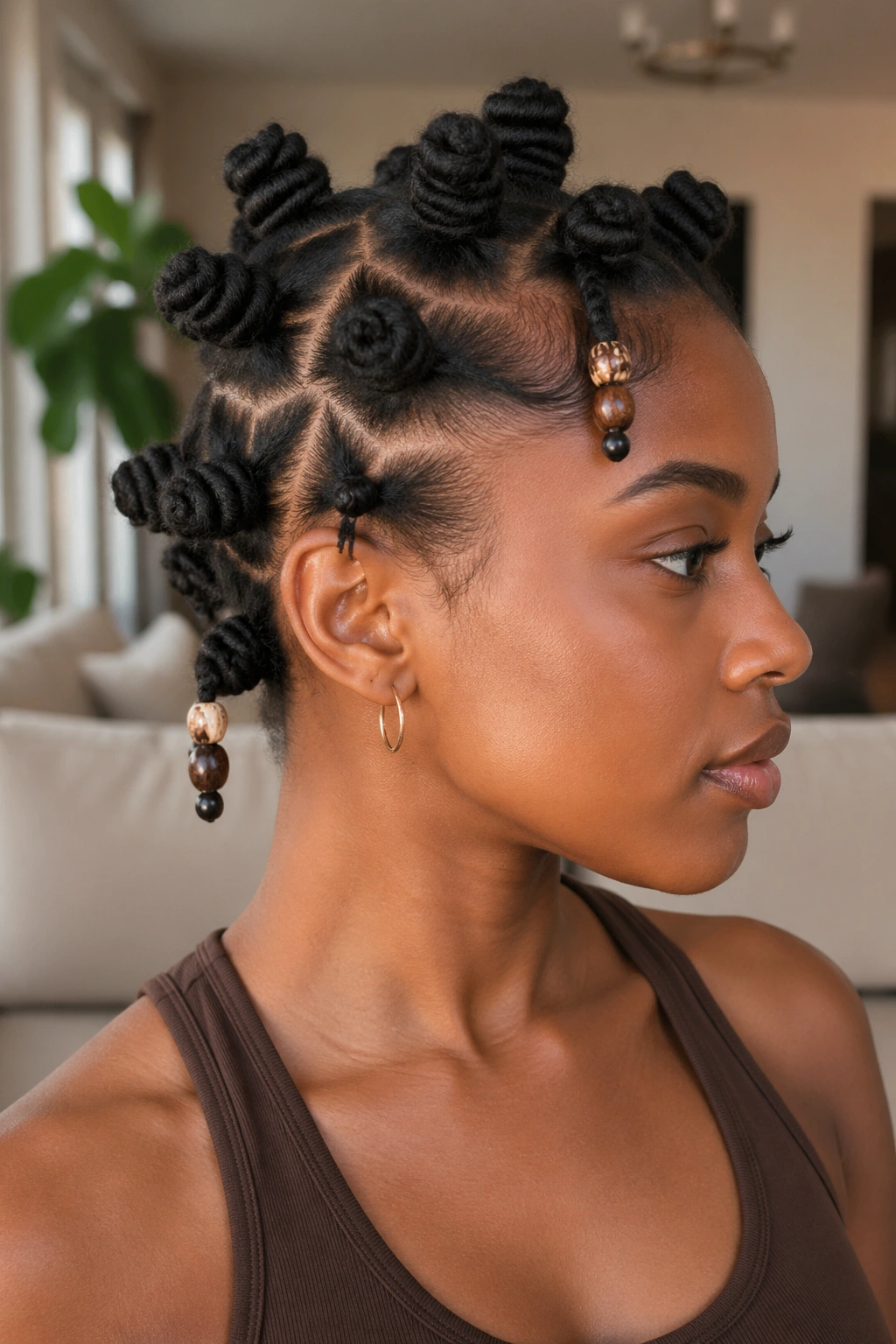 Side-profile of a real woman with beaded loose-end knots on selected knots